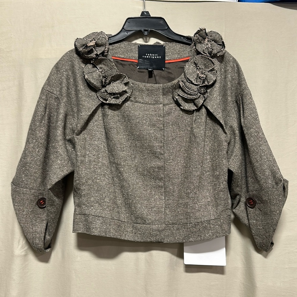Robert Rodriguez Brown Button Floral Applique Cropped Blazer Jacket Size 8 / NWT